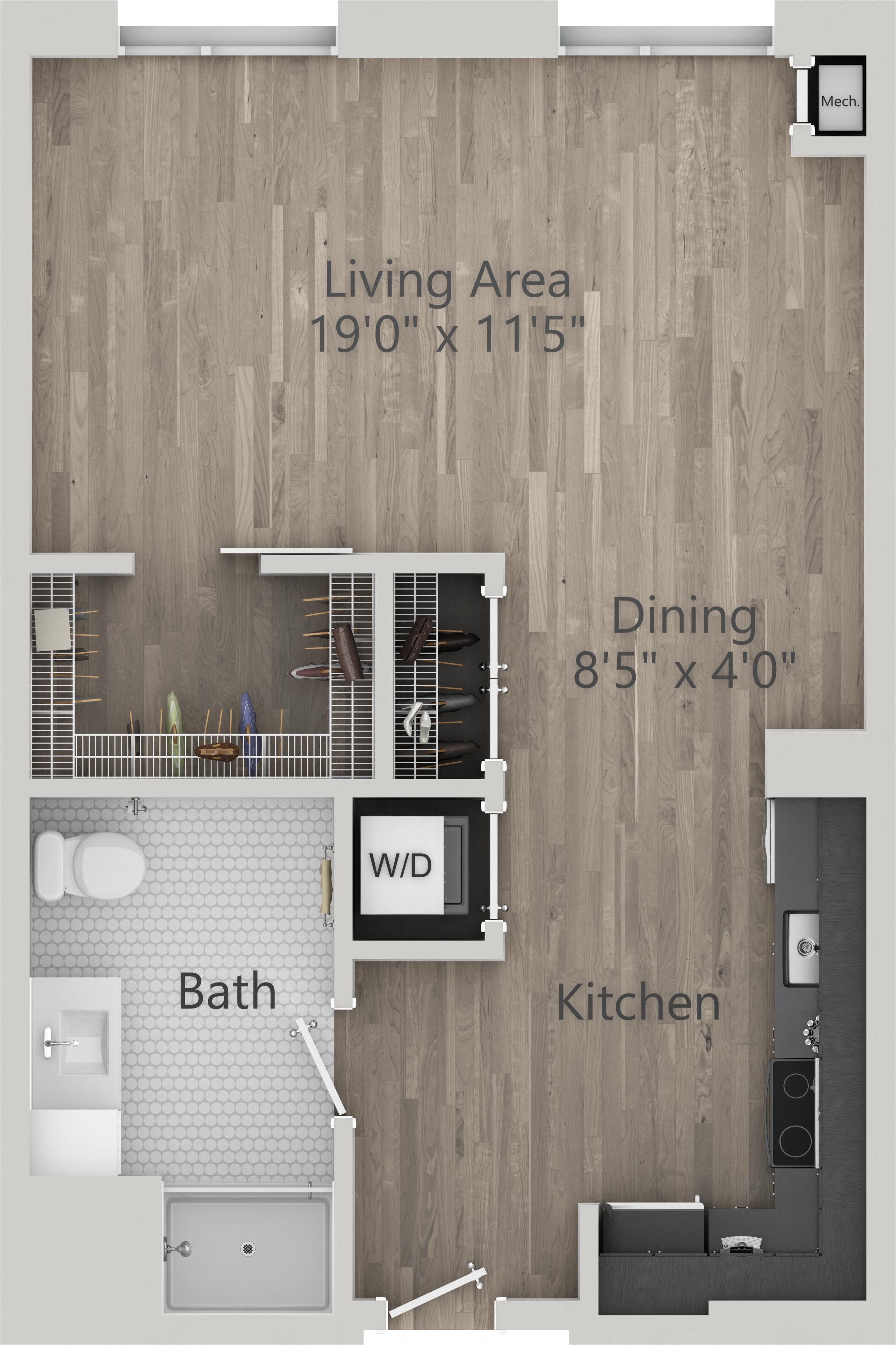 Floor plan for studio, 1 bath, 590 sqft